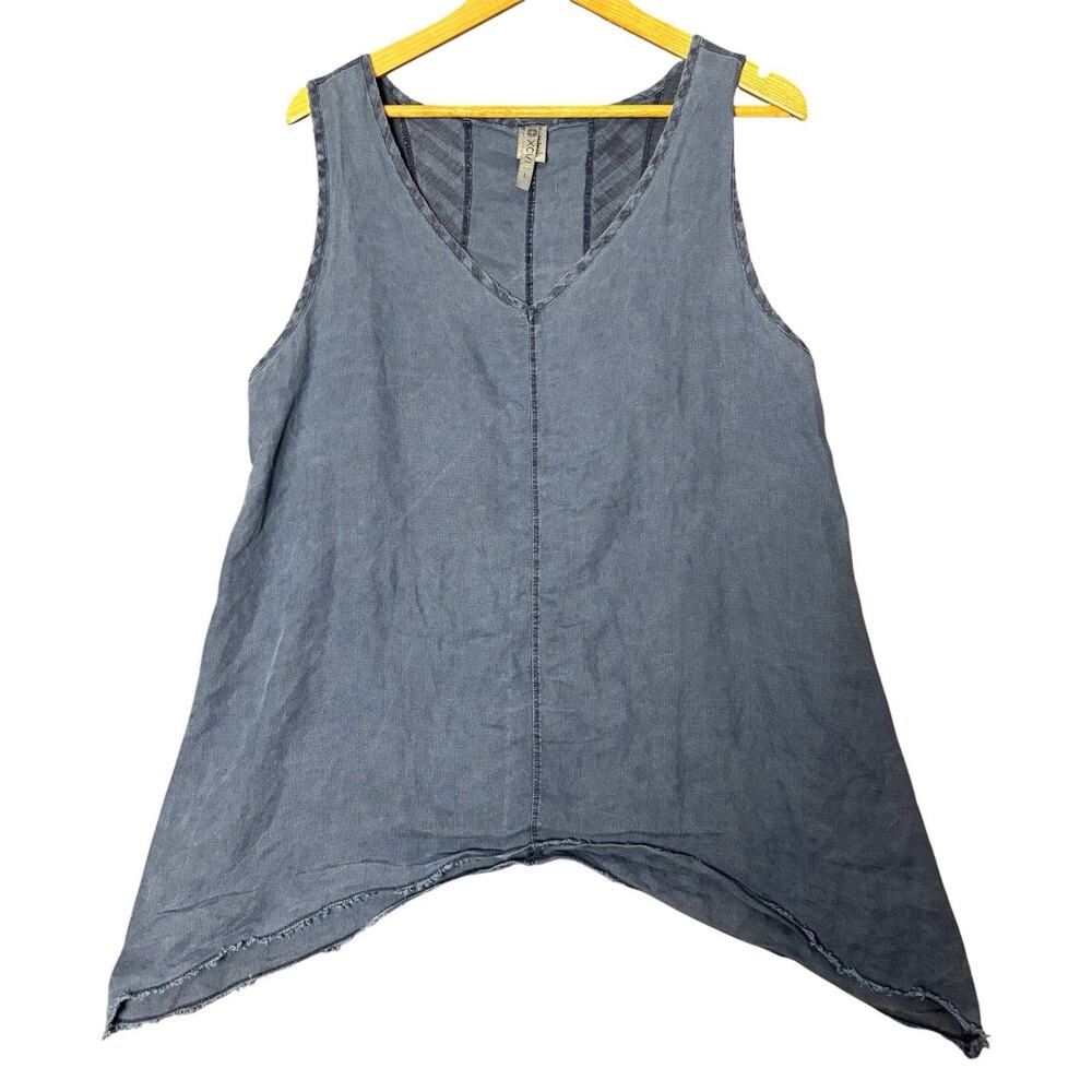 XCVI Linen Tank Top L Blue Gray Asymmetrical Raw Hem Lagenlook Boho Sleeveless